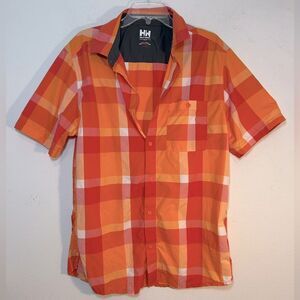 HELLY HANSEN MENS BUTTON FRONT SHIRT XL ORANGE white PLAID CHECK short sleeve